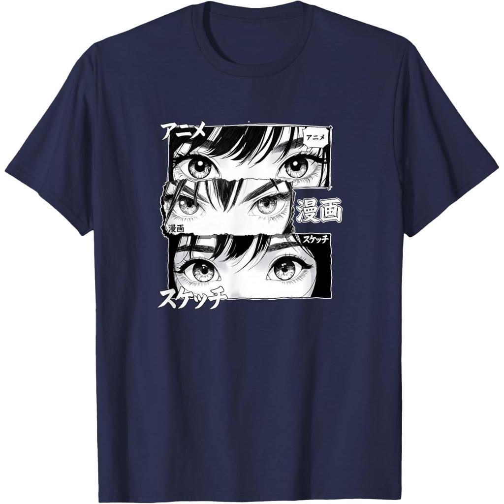 Manga Girl Eyes Panel Art Tshirt Graphic Tee Cool Japanese Text Print Casual Crew Neck Top