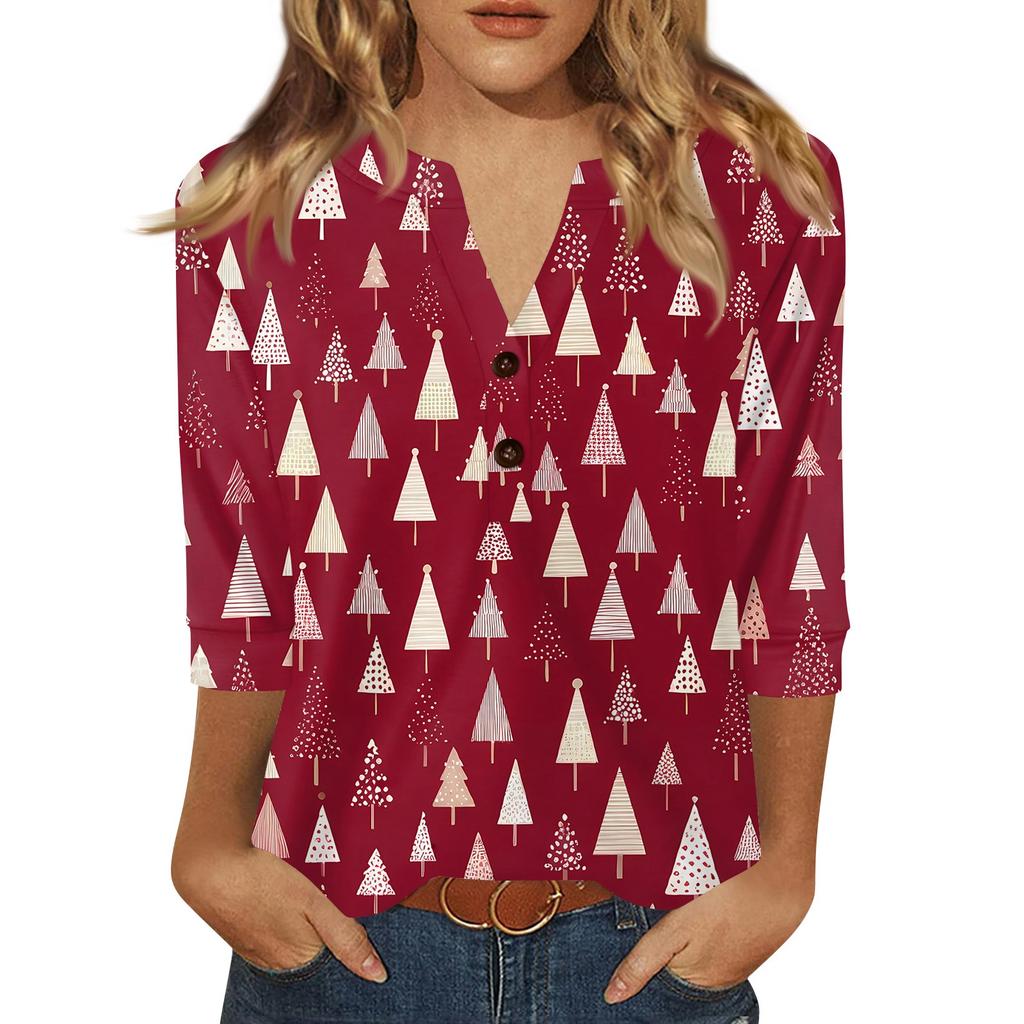 Women's T Shirt Christmas Print Button 3/4 Sleeve Daily Weekend Fashion Basic V- Neck Regular Top