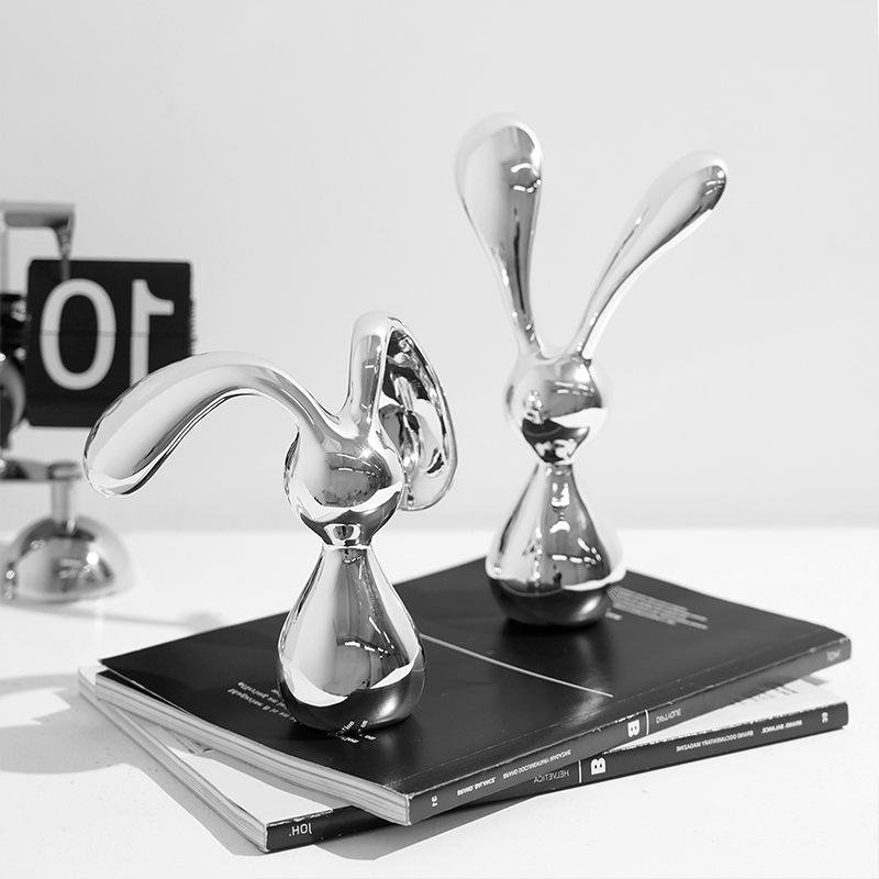 Neue Nordische Beflockung Galvanisieren Blaues Kaninchen Tier Skulptur Wohnzimmer TV Weinregal Büro Schreibtisch Heimdekoration Geschenke