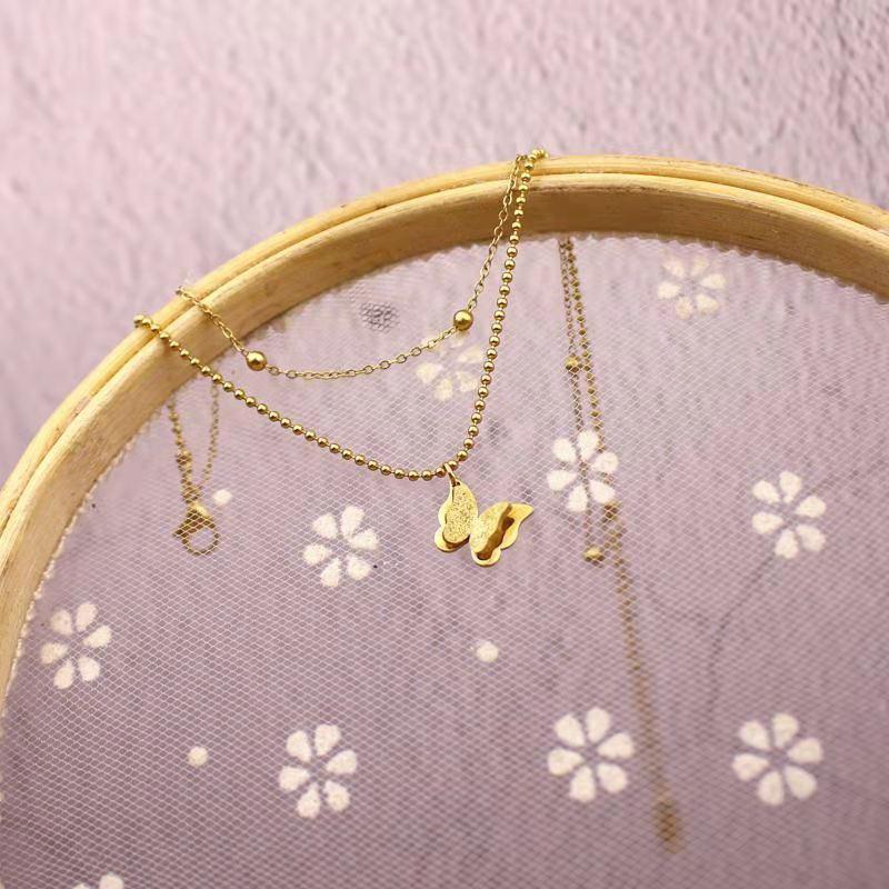 316L Stainless Steel New Fashion Jewelry 2 Layer Matte Butterflies Charm Beaded Anklet For Women Foot Chain Bijoux Femme