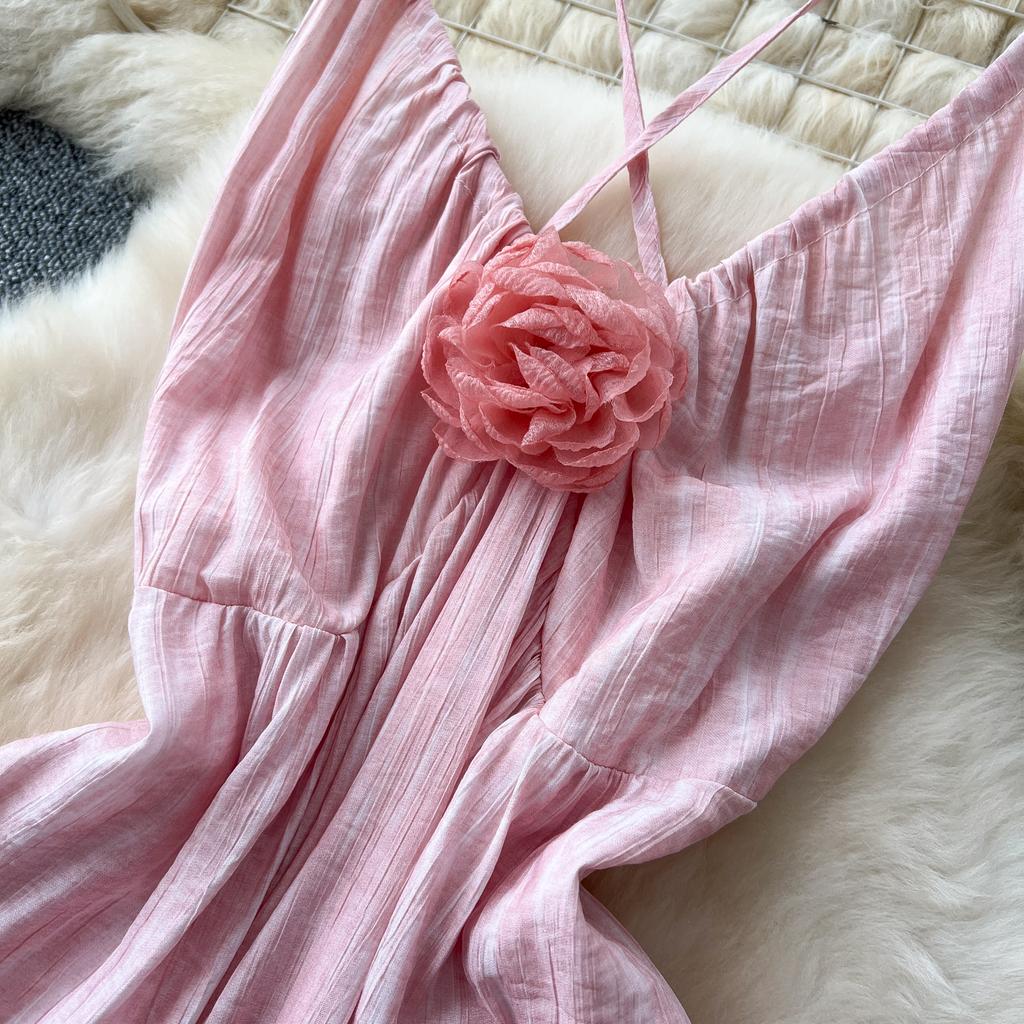 Rochie de vară Fairycore Beachwear Femei Gât în ​​V 3D Floare Chic Vacanță A Line Rochie lungă cu bretele spaghete fără spate