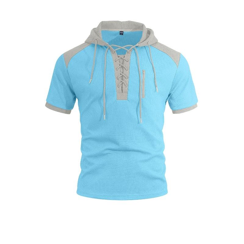 Men's Short Sleeve Hooded T-Shirt, Color Block Side Strap Athletic Tee, Casual Workout Gym Top for Men