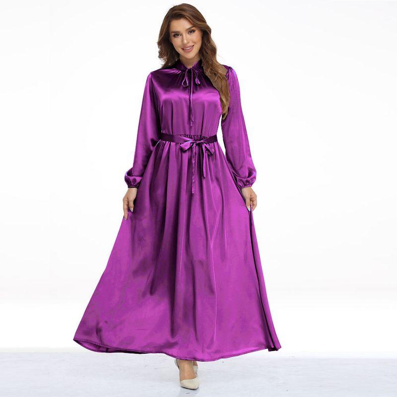 New Fashion Indonesia Middle East Dubai Satin Long Skirt Waist Artificial Silk Large Hem Long Dress Dress