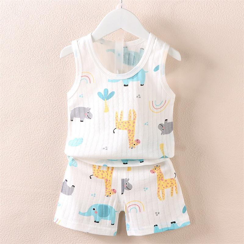 Summer Kids Baby Pajamas Vest+Shorts 2-Piece Clothing Set Boys Girls Cartoon Lion Giraffe Cotton Casual Clothes Suit 0-4 Years