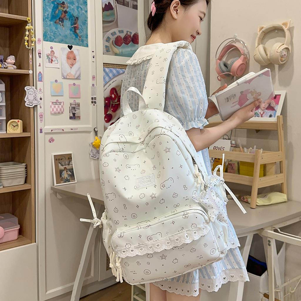 Schoolbag1011 New Cute Versatile Print Fresh Solid Color Female Junior High School Students Large Capacity Campus Student Backpack