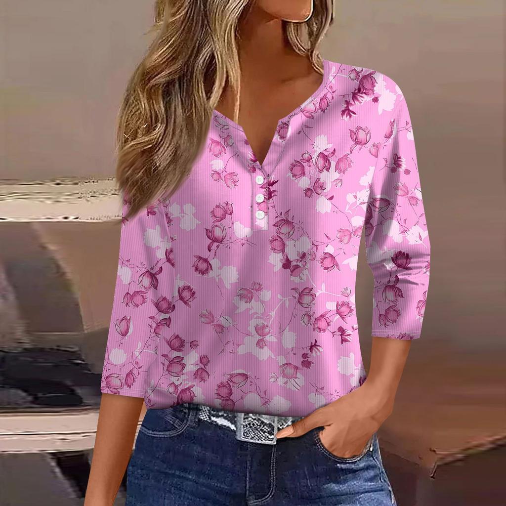 Women's T Shirt Tee Print Button 3/4 Sleeve Tunic Daily Weekend Fashion Basic V- Neck Regular Top