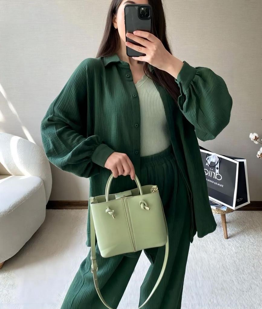 Two-Piece Long-Sleeve Lapel Shirt & Elastic Waist Trousers Suit