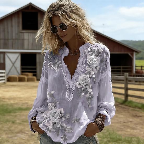 Women Shirt Oversize V-Neck Long Sleeve Casual Spring Autumn Shirt 3D Flower Printed Pattern Relaxed Fit Shirt Daily Wear