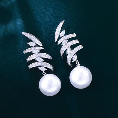 Light Luxury Celebrity High-End Zircon Inlaid Earrings Multi-Layer Geometric Lines Full Of Diamonds Pearl Earrings
