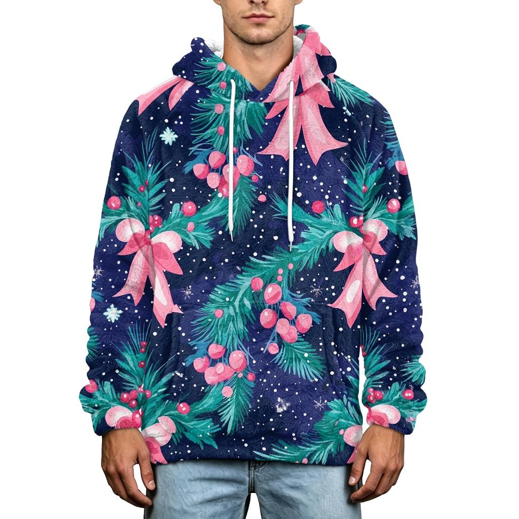 Men's Christmas Print Flannel Hoodie Hooded Casual Pullover Sweatshirt for Fall Winter