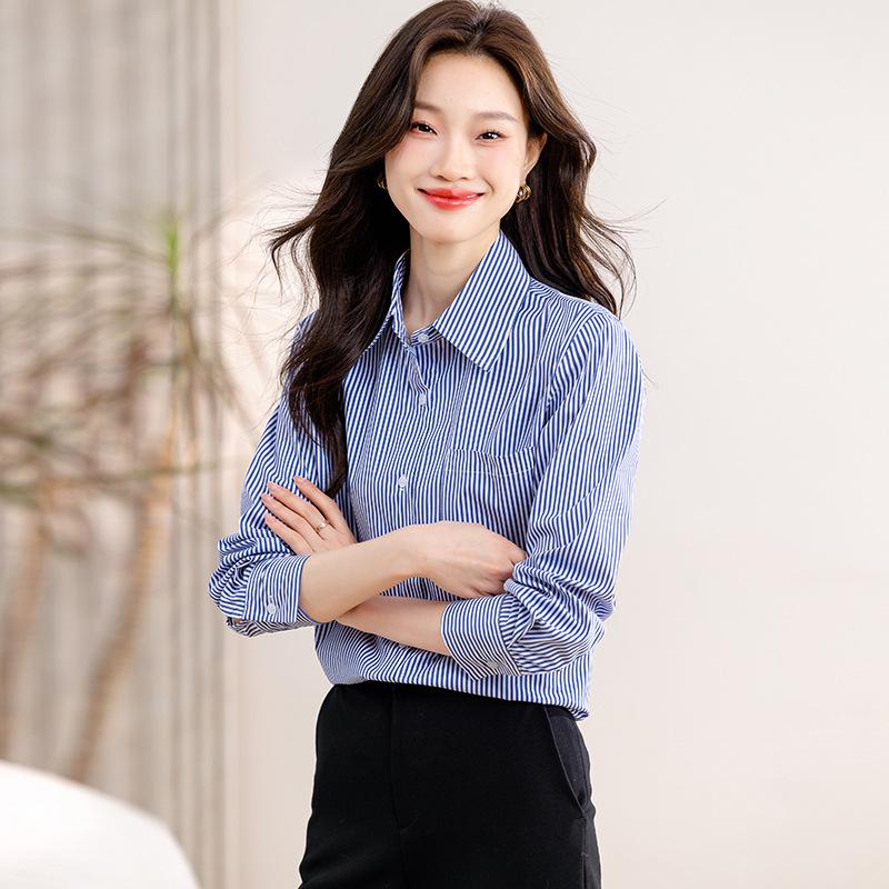 Women's Blue Striped Long Sleeve Shirt - 2026 Spring Slim Fit, Fashionable & Professional Design