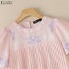 ZANZEA Women Casual Round Neck Floral Print Loose Short Sleeve Pleated Blouse