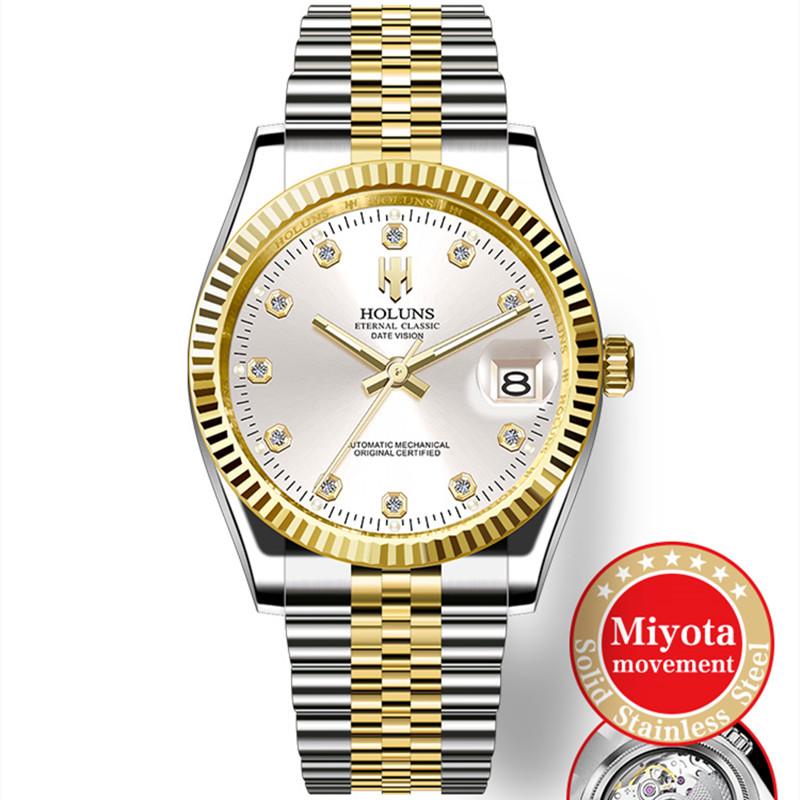 HOLUNS Reloj de Oro para Hombre de Diseñador Clásico de Lujo Acero Completo Japón MIYOTA Automático Mecánico de Cuerda Automática Reloj de Pulsera de Negocios