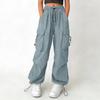 Women's Drawstring Waist Cargo Pants Loose Fit Multi Pocket Trousers with Adjustable Hem for Casual Daily Wear