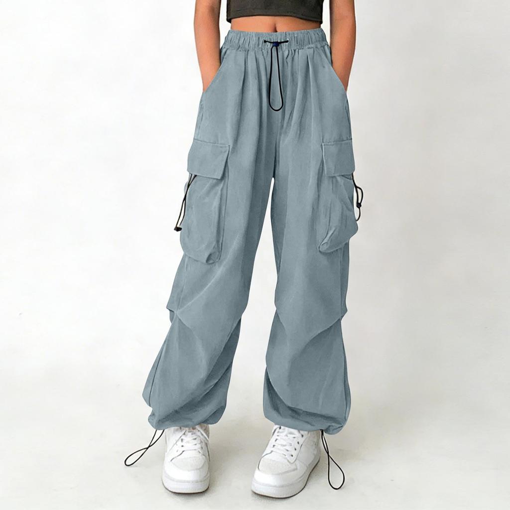 Women's Drawstring Waist Cargo Pants Loose Fit Multi Pocket Trousers with Adjustable Hem for Casual Daily Wear