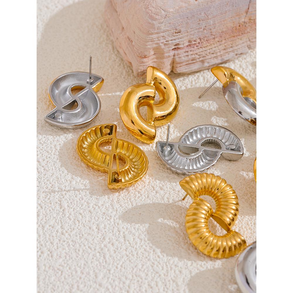 Yhpup Stylish Unique Sleek Stainless Steel Metal Geometry Hollow Stud Earrings for Women Texture Personalized Chic Jewelry