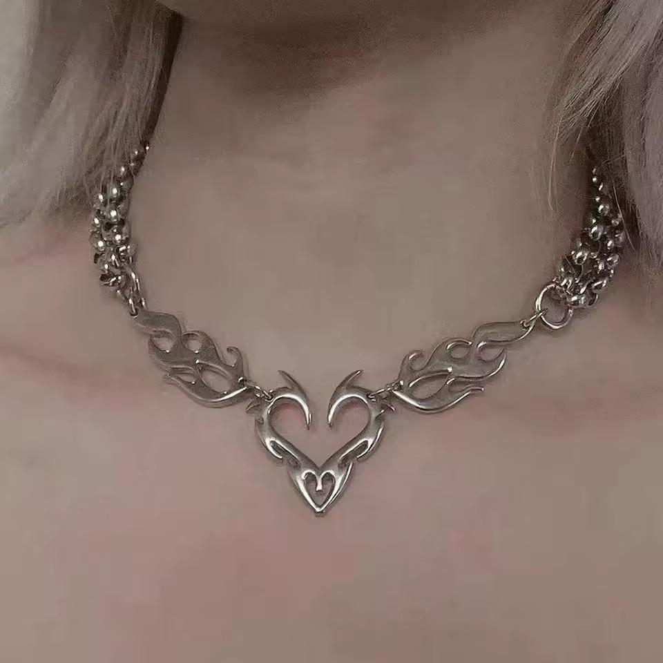 Goth Y2k Silver Color Hollow Flame Heart Pendant Necklace For Women Men Punk Rock Hip Hop Personalized Neck Jewelry Accessories