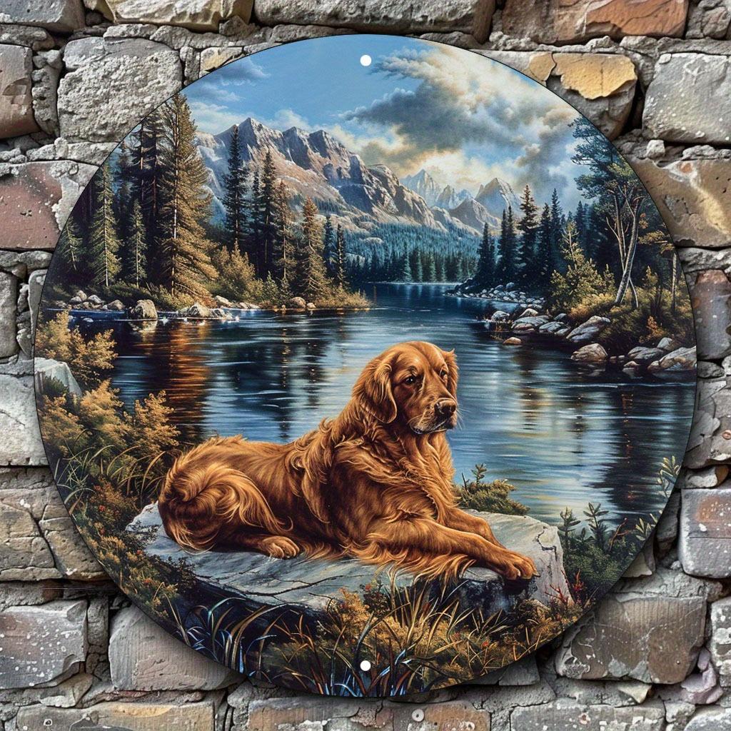Golden Retriever by Mountain Lake Round Metal Tin Sign Rustic Wilderness Landscape with Pine Trees Wall Decor Peaceful Wildlif 20x20cm(8x8inch)