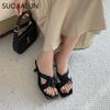 Fashion SUOJIALUN 2025 Summer New Brand Women Slipper Fashion Square Toe Slip On Ladies Slides Square High Heel Dress Sandal Shoes