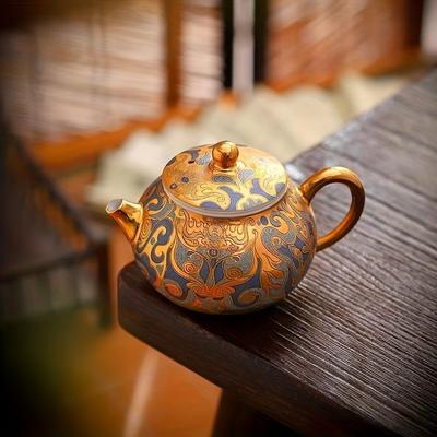 1pc 24k Golden Tea Pot Master Handmade Dunhuang Tangka Gilded Pot Household Gift Tea Set High Grade Kung Fu Tea Set Single Pot