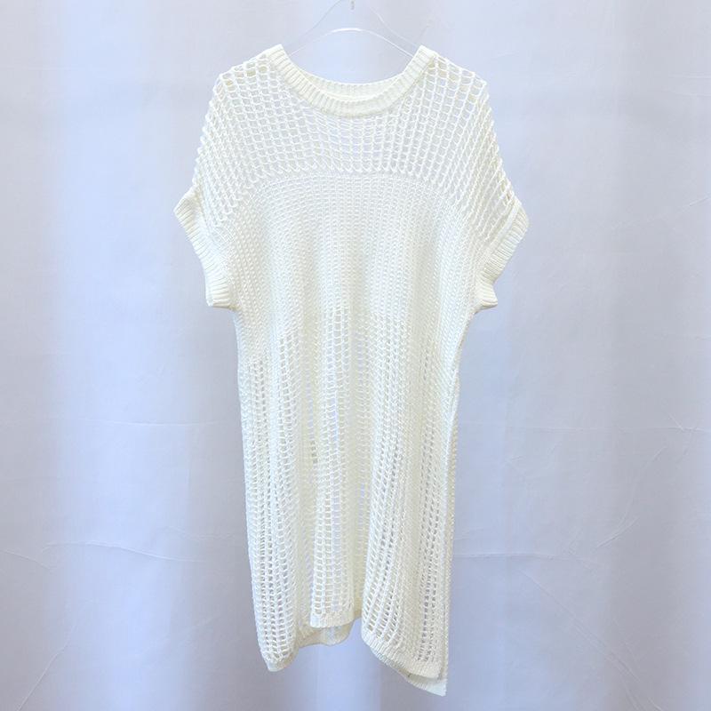 New Summer Hollow-Out Knit Cover-Up: Women's Mid-Length Side Slit Fashionable Top/Dress