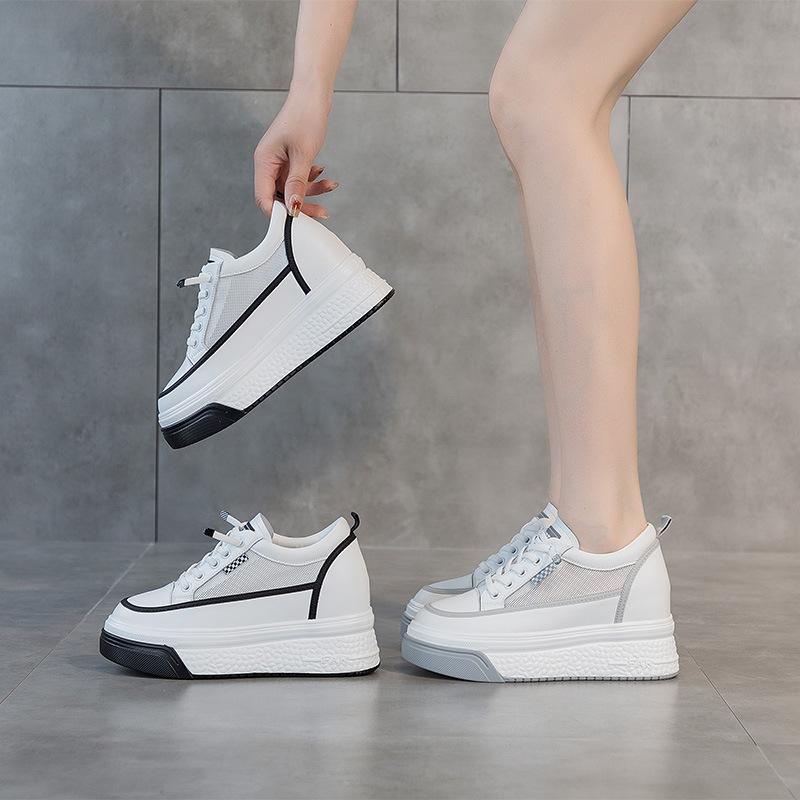 Leather little white shoes women's 2025 new mesh breathable thick baseplate shoes muffin sports shoes inner height increase casual women's shoes