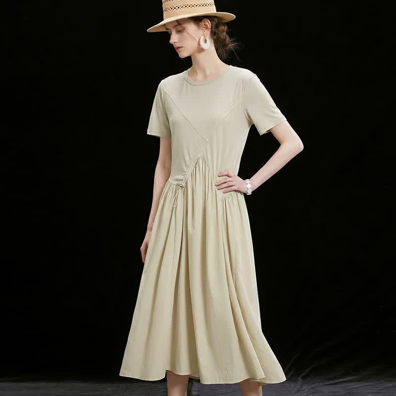Women's Relaxed Fit Round Neck Drawstring Waist Summer Dress