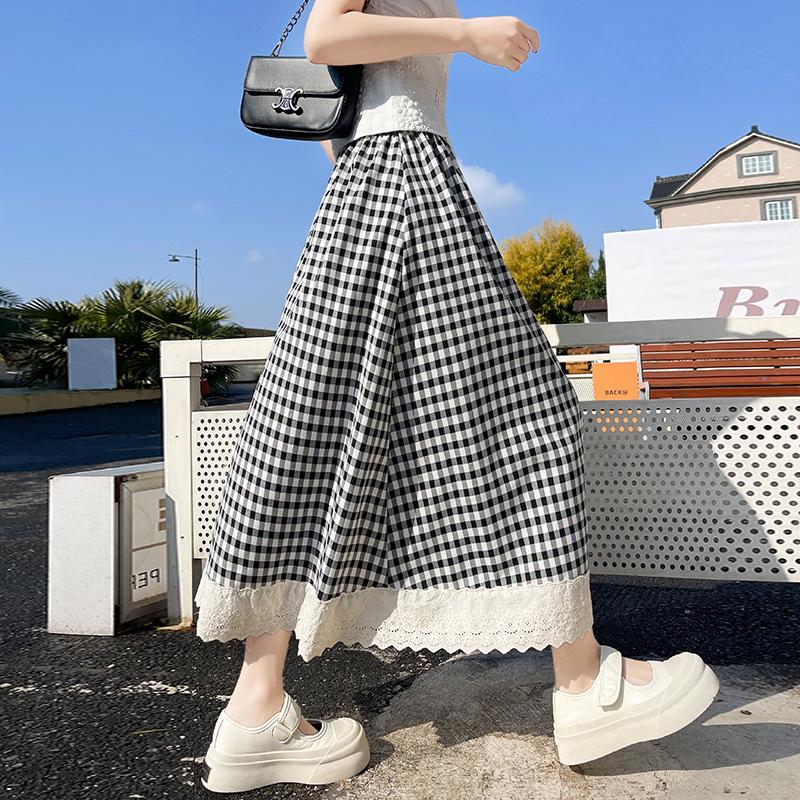 Women's High Waist Checkered Lace Trim A-line Midi Skirt (2025)