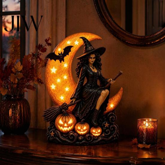 Glowing Crescent Moon Pumpkin Lamp Halloween Witch Lamp, Gothic LED Night Light, Artistic Mystical Home Decor Spooky Decorative Table for Bedroom