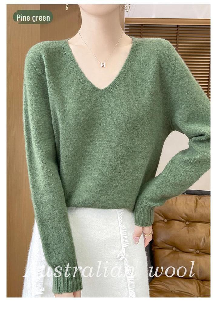 Women's V-Neck Thickened Wool Knit Sweater – 100% Pure Loose Fit