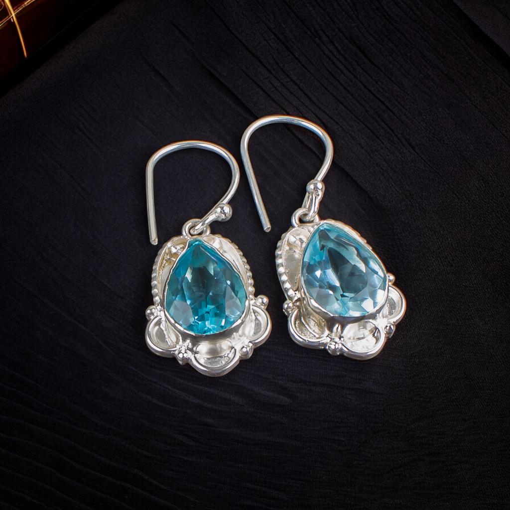 Echter himmelblauer Topas Edelstein 925 Sterling Silber Handgefertigter Schmuck Ohrringe EE-41-2