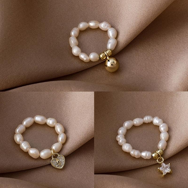 Multi-Beaded Heart Star Pearl Rings Natural Freshwater Pearl Geometric Rings for Women Minimalist Stacked Party Rings