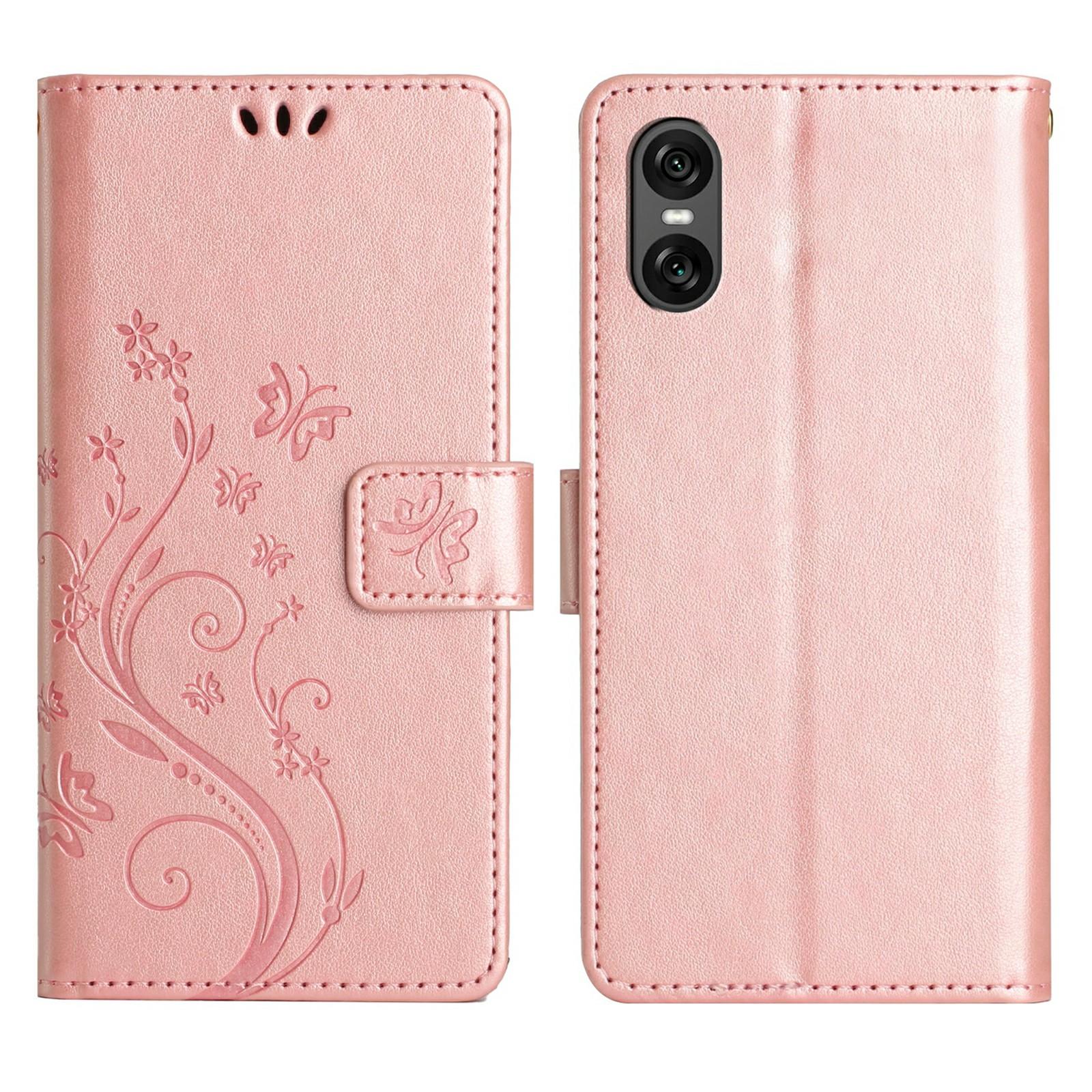 

For Sony Xperia 5 VI Leather Wallet Case Butterfly Flower Imprinted Phone Cover with Strap A
