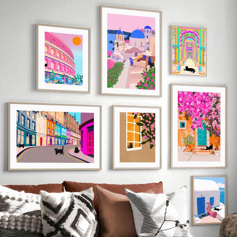 Santorini Rome Paris Cat Flower Summer Abstract Landscape Posters Prints Wall Art Canvas Painting Pictures For Living Room Decor