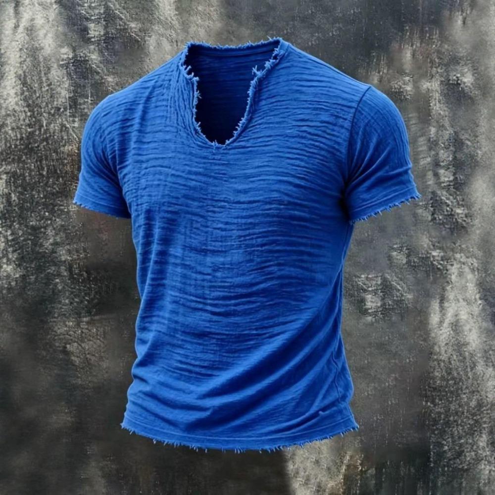 2026 Solid-color Men's Retro Cotton-Linen Mustache Edge Special V-Neck Short-Sleeve T-Shirt
