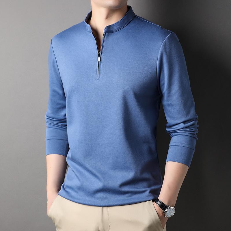 Autumn Zipper Stand Collar Men's T-shirt for Young and Middle-aged People Casual Solid Color Thin Cotton Long-sleeved Bottoming Shirt Men's Sweatshirt