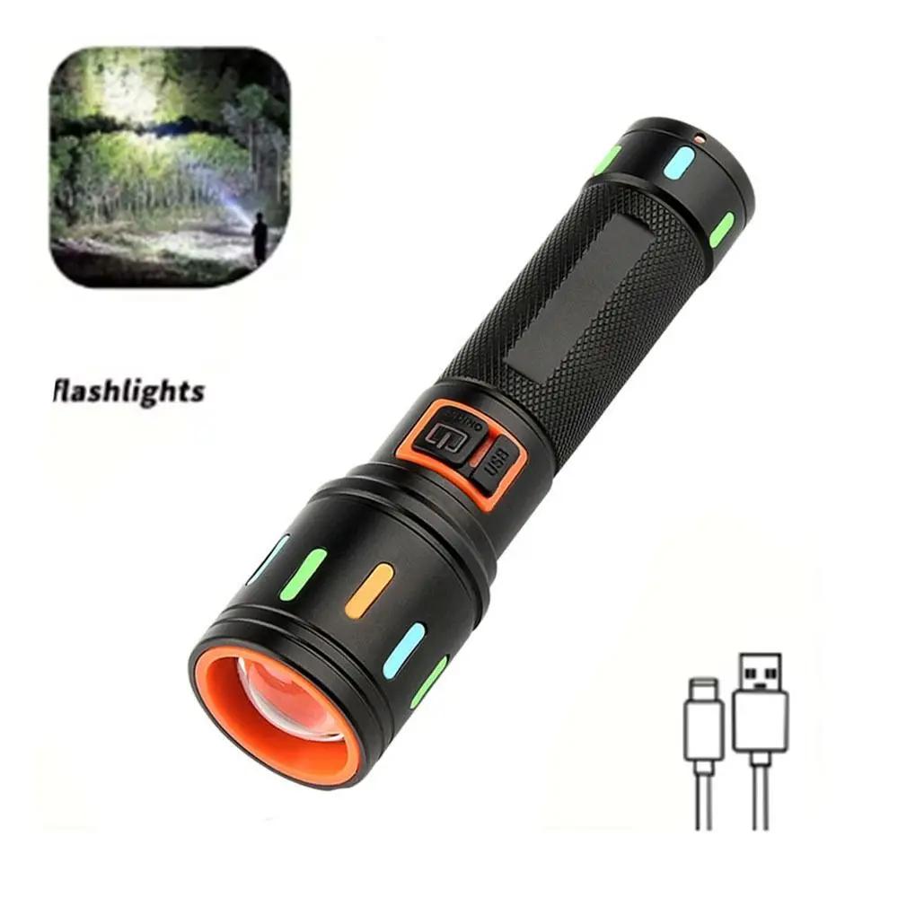 Rechargeable Colorful Fluorescent Flashlight Adjustable Focus Aluminum Alloy LED Flashlight Powerful White laser Torch Outdoor