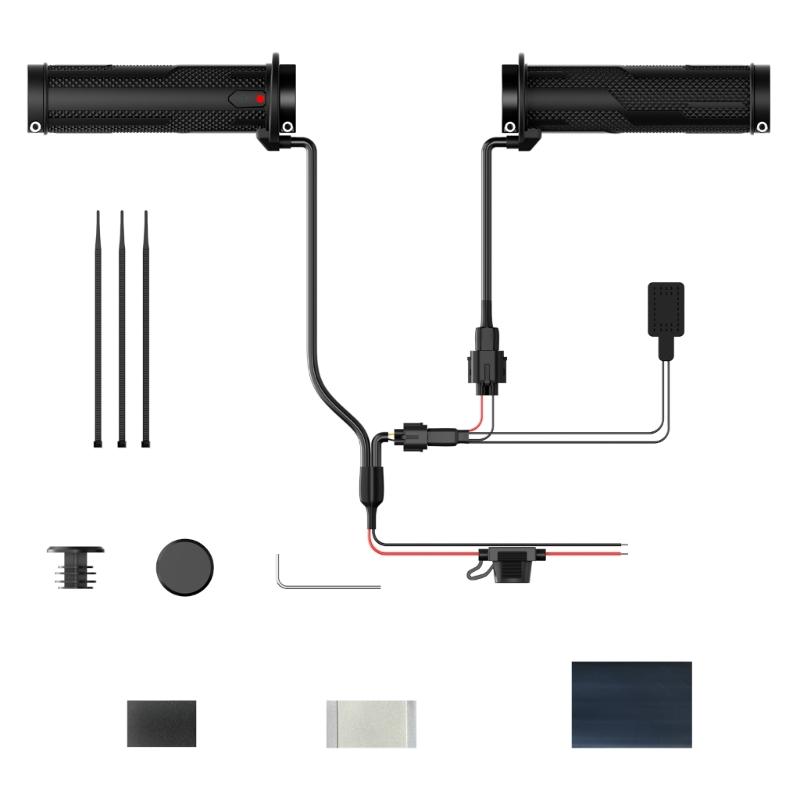 12 V Heated Handlebar Grip Set for Cold-Weather Handlebar Use with 5-Level Control, Previous-Setting Memory, 2-Clamp Structure, and Accessories
