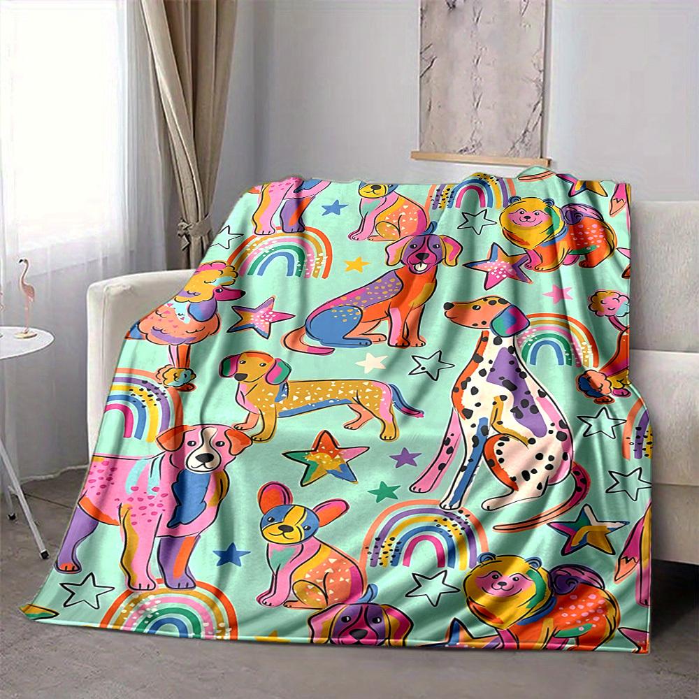 1pc Dogs Rainbows Print Blanket Lightweight Flannel Throw Blanket For Sofa, Bed, Living Room, Office, Outdoor Travel, Camping