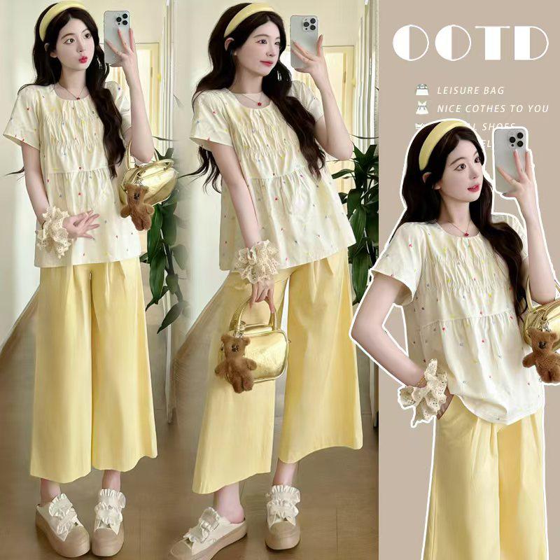 

Summer 2026 Maternity Two-Piece Set: Short-Sleeve Puff Doll Shirt & Slim Fit Pants M