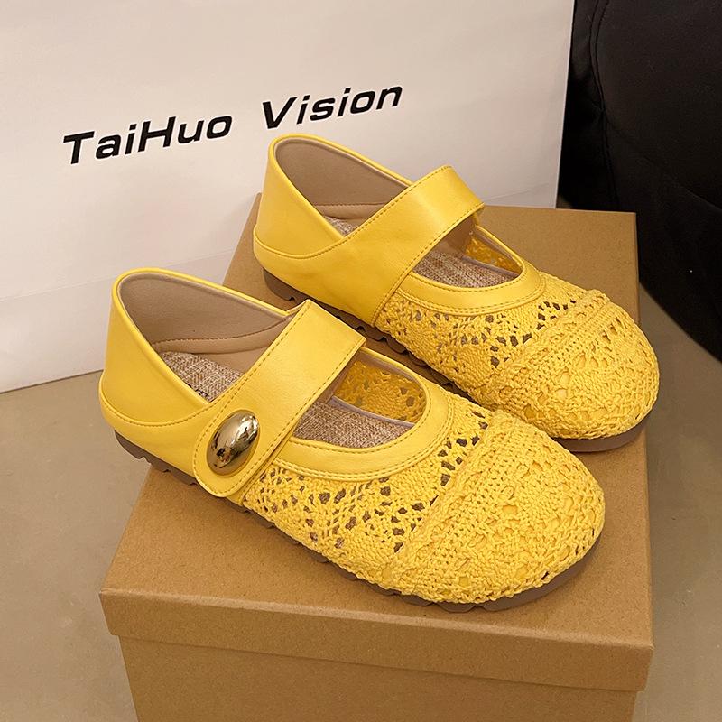 

Thick-soled inner height-increasing single shoes women s woven one-pedal Velcro Mary Jane shoes new with skirts casual shoes 40 жёлтый