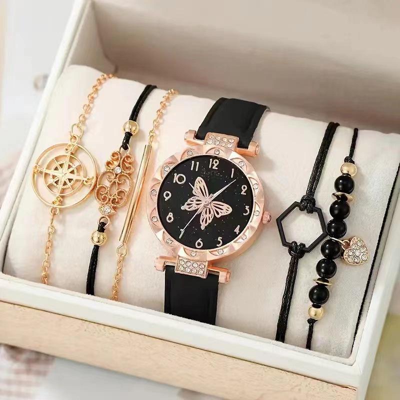 6-Piece Women's Quartz Watch Set: Diamond-Set Dial, Leather Strap, Beaded Bracelets