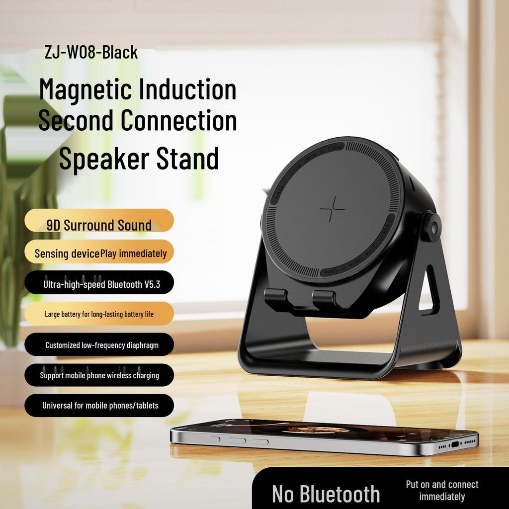 5-in-1 Bluetooth Speaker: Smart Sensor, Wireless Charger, Magnetic Phone Holder, Rotating Multifunction.