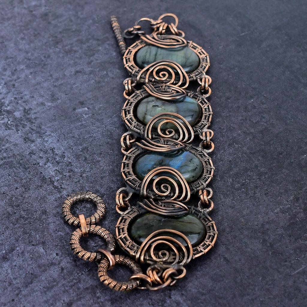 Labradorite Gemstone Handmade Copper Wire Wrap Bracelet 7-8" B2d66