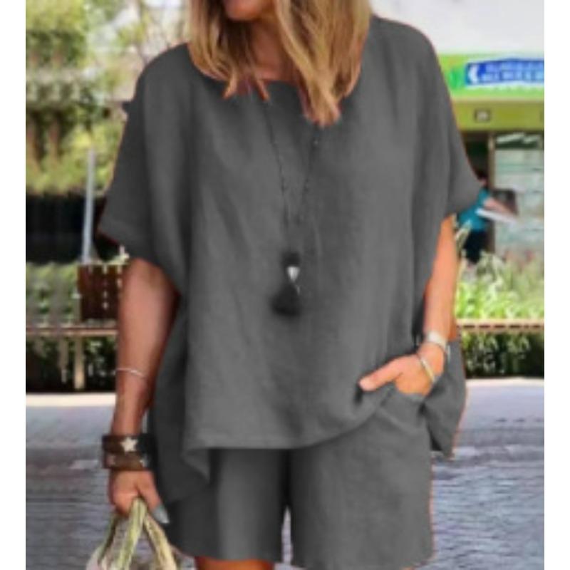 women's Solid Color Batwing Short Sleeve Loose Top High Waist Casual Shorts Summer Two Piece Outfit Set