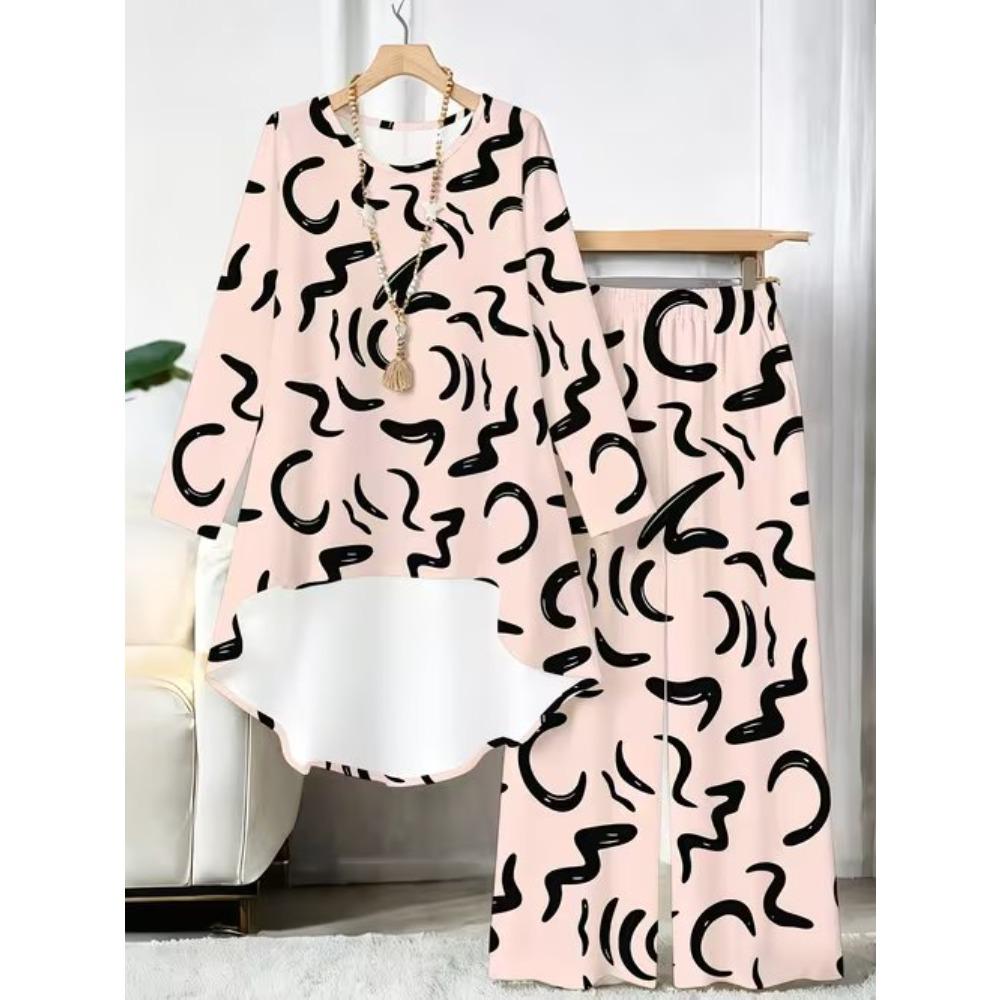 Completo Due Pezzi Stampa Geometrica Donna Tunica a Manica Lunga Orlo Irregolare Pantaloni a Gamba Larga Set Coordinato Casual