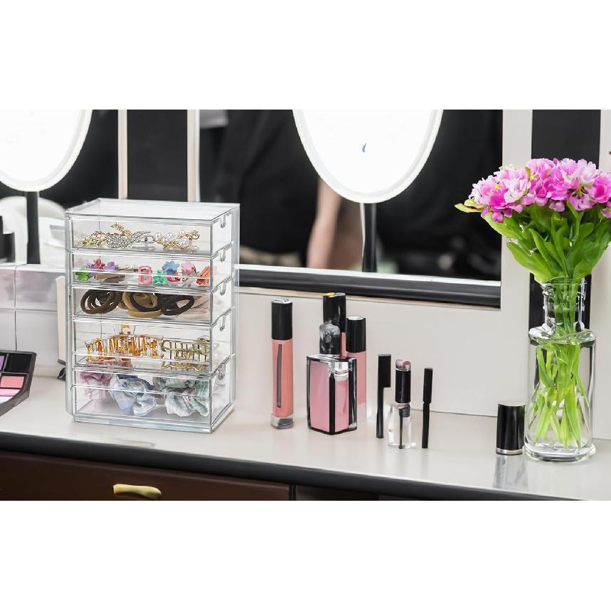 Plastic Drawer Storage with 5 Different Sizes Drawers, Clear Light Gray Hair Accessories Organizer, Transparent Dresser Bathroom Organizer