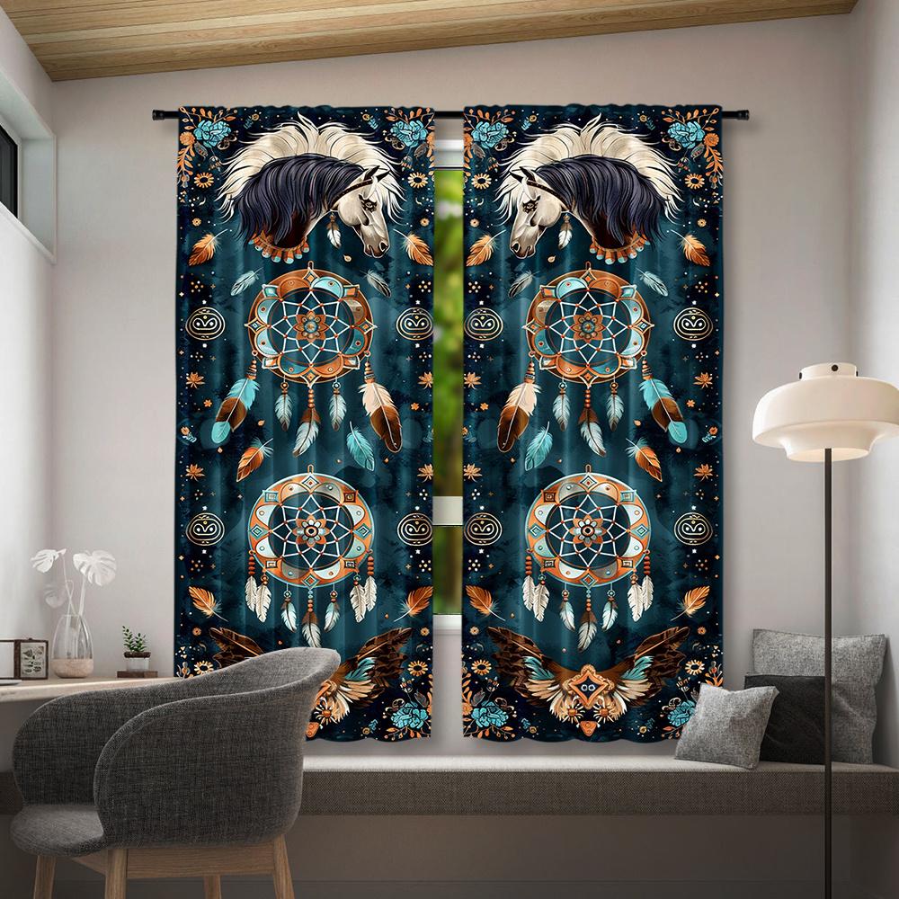 2-Piece Southwest Tribal Horse Dreamcatcher Pattern Curtains - Modern Polyester Pongee Semi-Sheer Window Drapes for Living Room