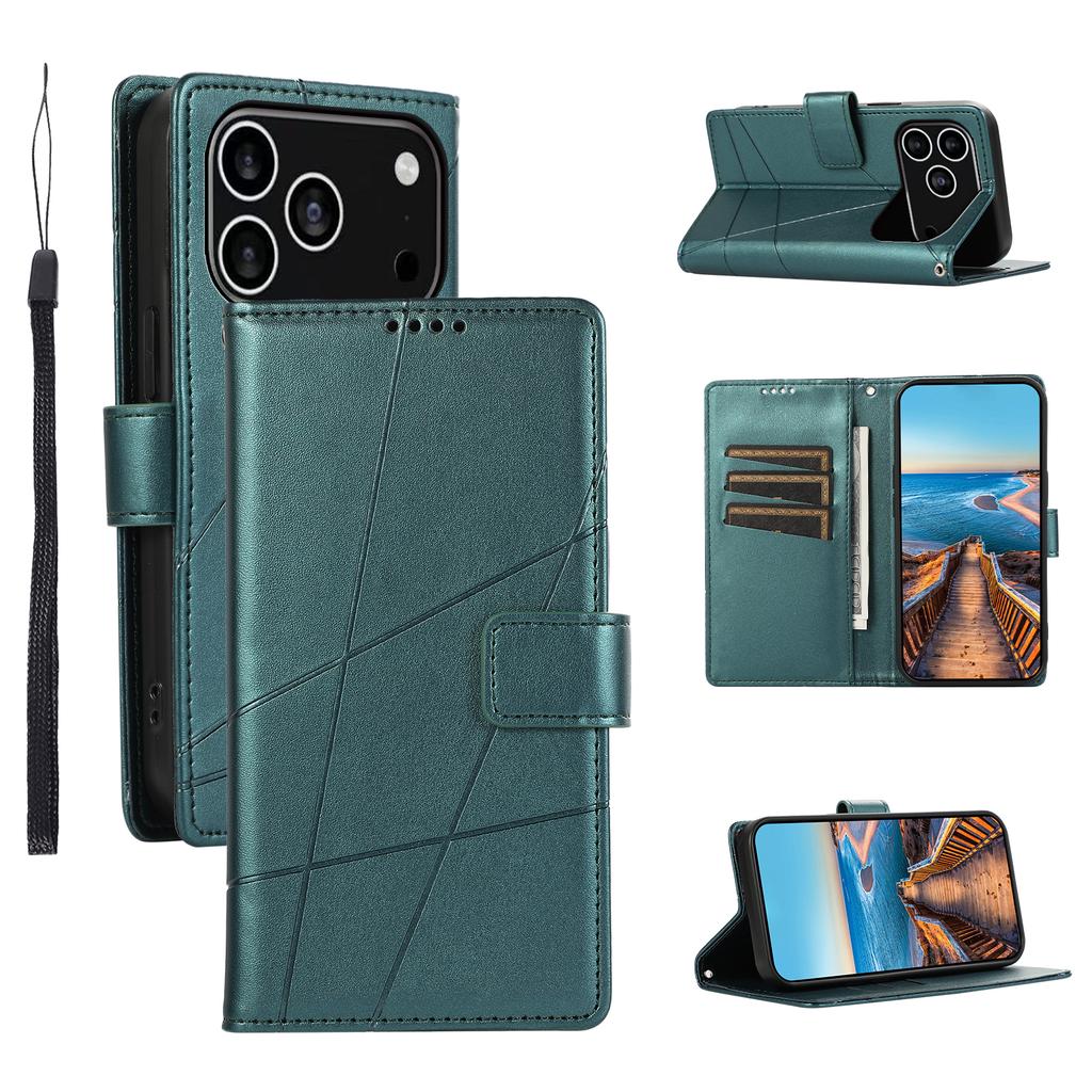 For iPhone 17 Pro Phone Case Line Imprint Leather Wallet Cover with Wrist Strap