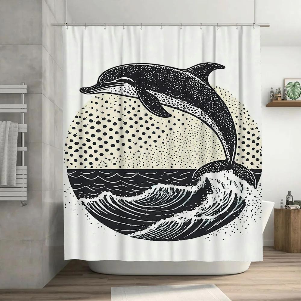 Black White Whale Print Shower Curtain Bathroom Decor, Modern Waterproof Fabric for Home Bath Tubs